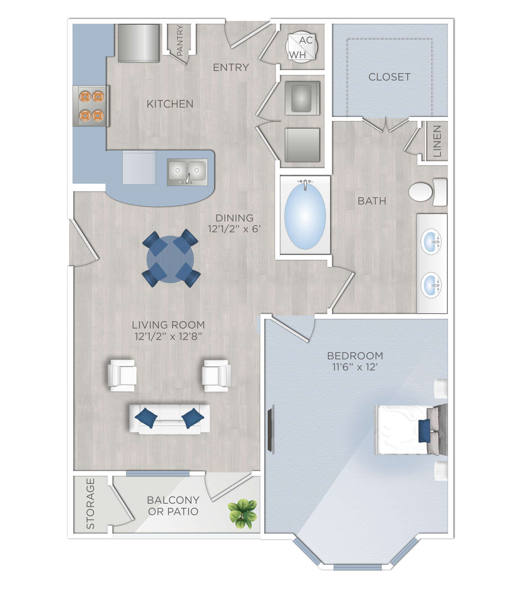 Floor plan for 1 bed, 1 bath, 799 sqft
